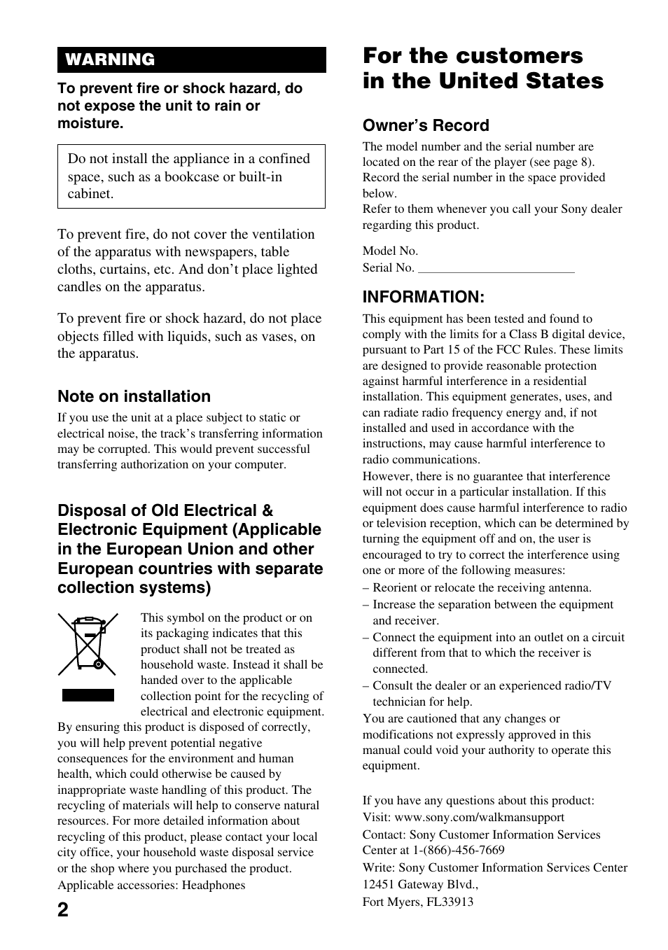 For the customers in the united states | Sony NW-E407 User Manual | Page 2 / 55