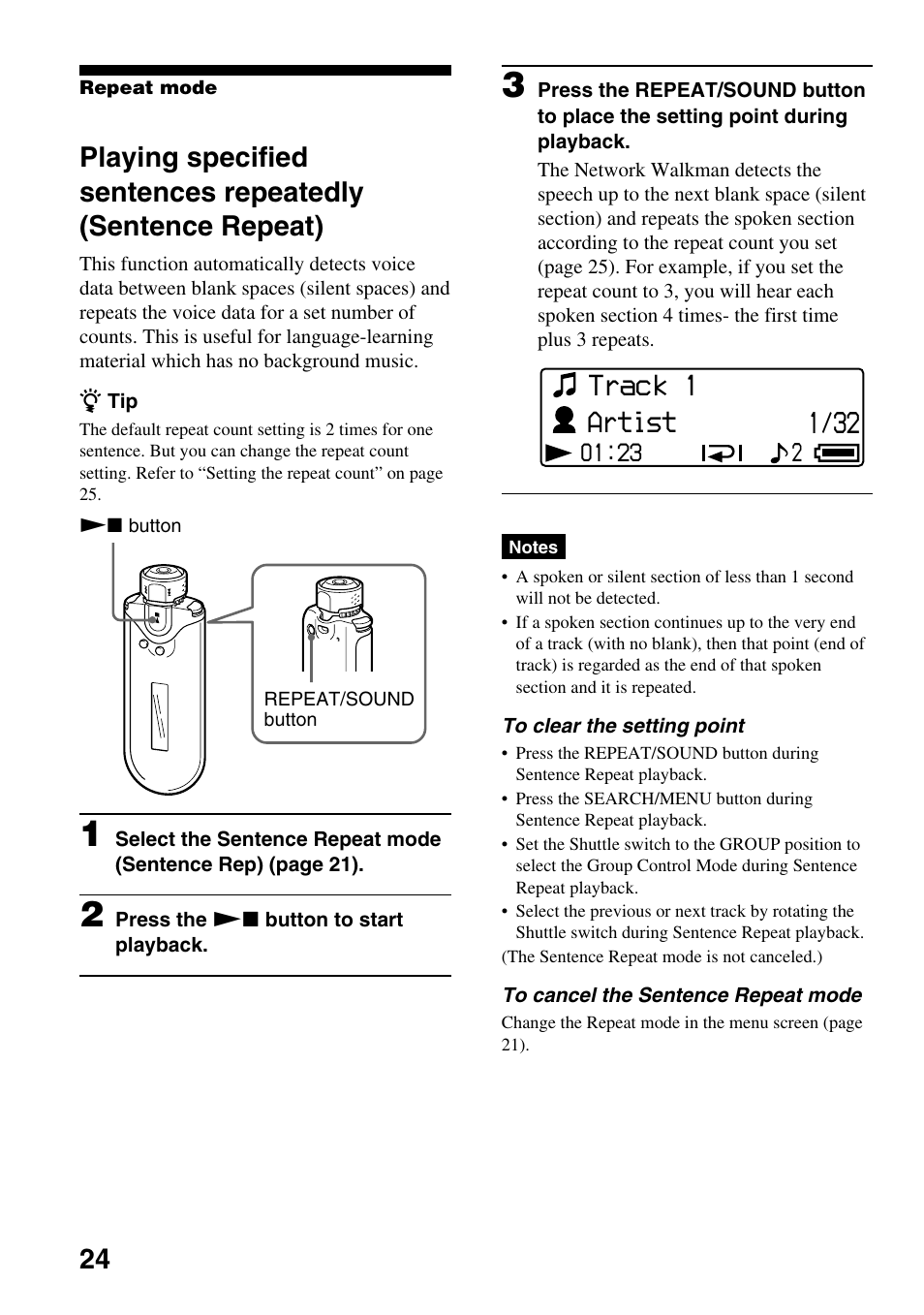 Playing specified sentences repeatedly, Sentence repeat), Artist | Track 1 | Sony NW-E407 User Manual | Page 24 / 55