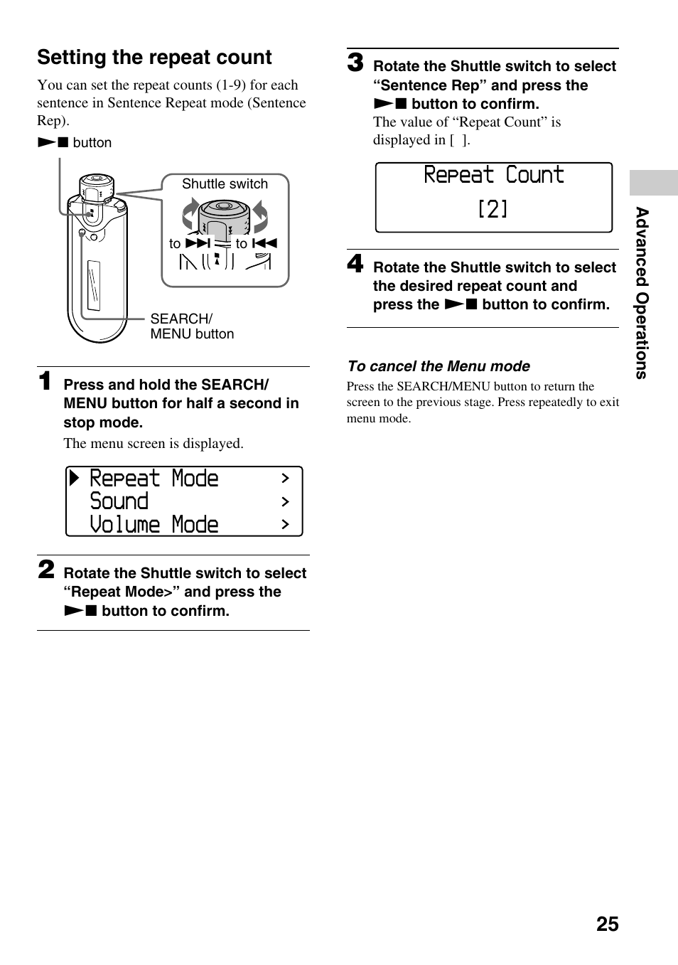 Setting the repeat count, Repeat mode sound volume mode, Repeat count [2 | Sony NW-E407 User Manual | Page 25 / 55