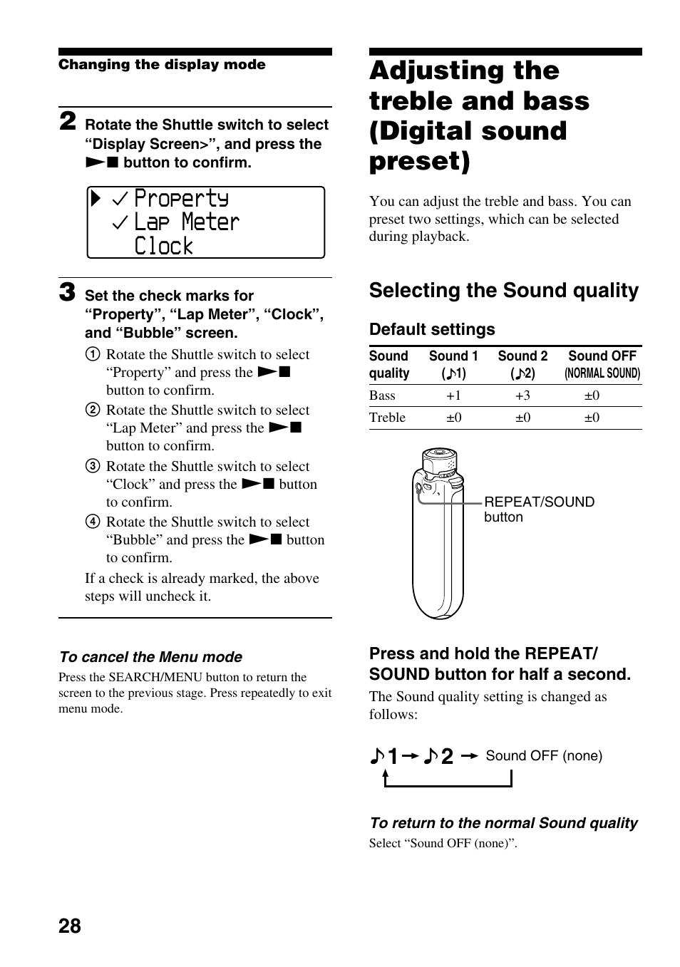 Selecting the sound quality, Adjusting the treble and bass, Digital sound preset) | Property lap meter clock | Sony NW-E407 User Manual | Page 28 / 55