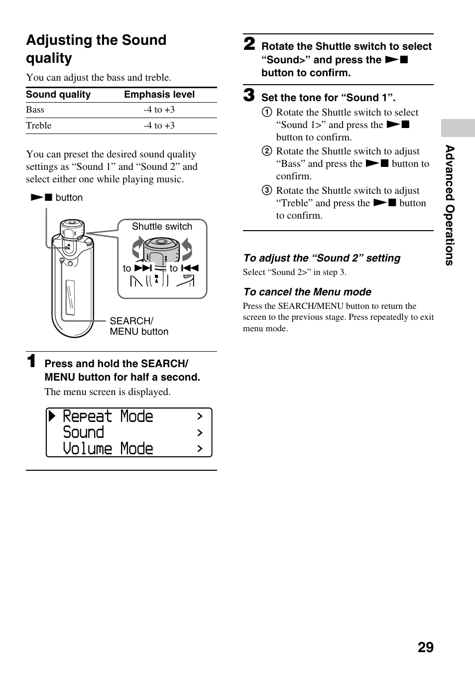 Adjusting the sound quality, Repeat mode sound volume mode | Sony NW-E407 User Manual | Page 29 / 55