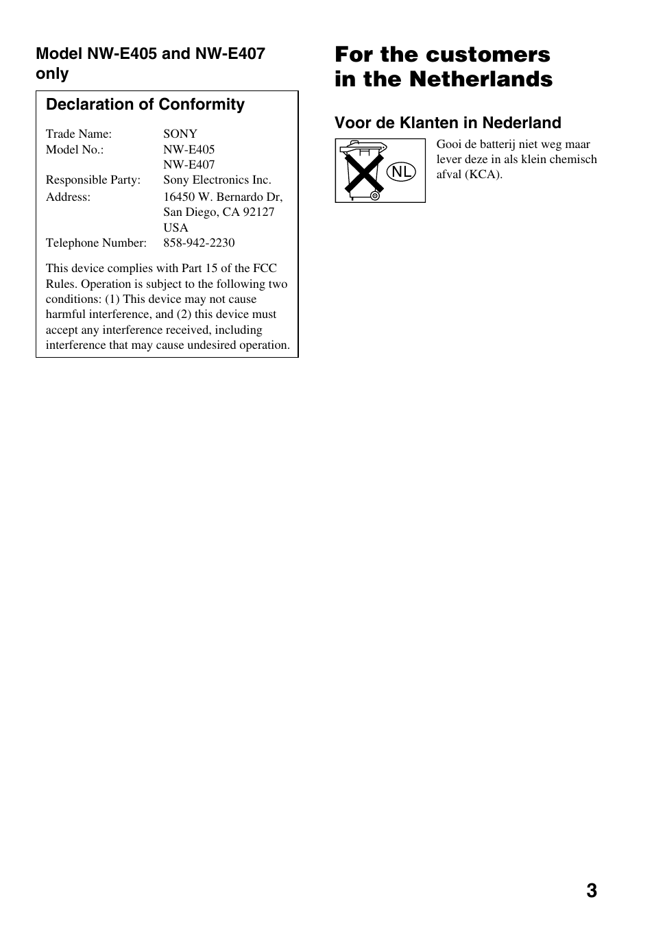 For the customers in the netherlands | Sony NW-E407 User Manual | Page 3 / 55