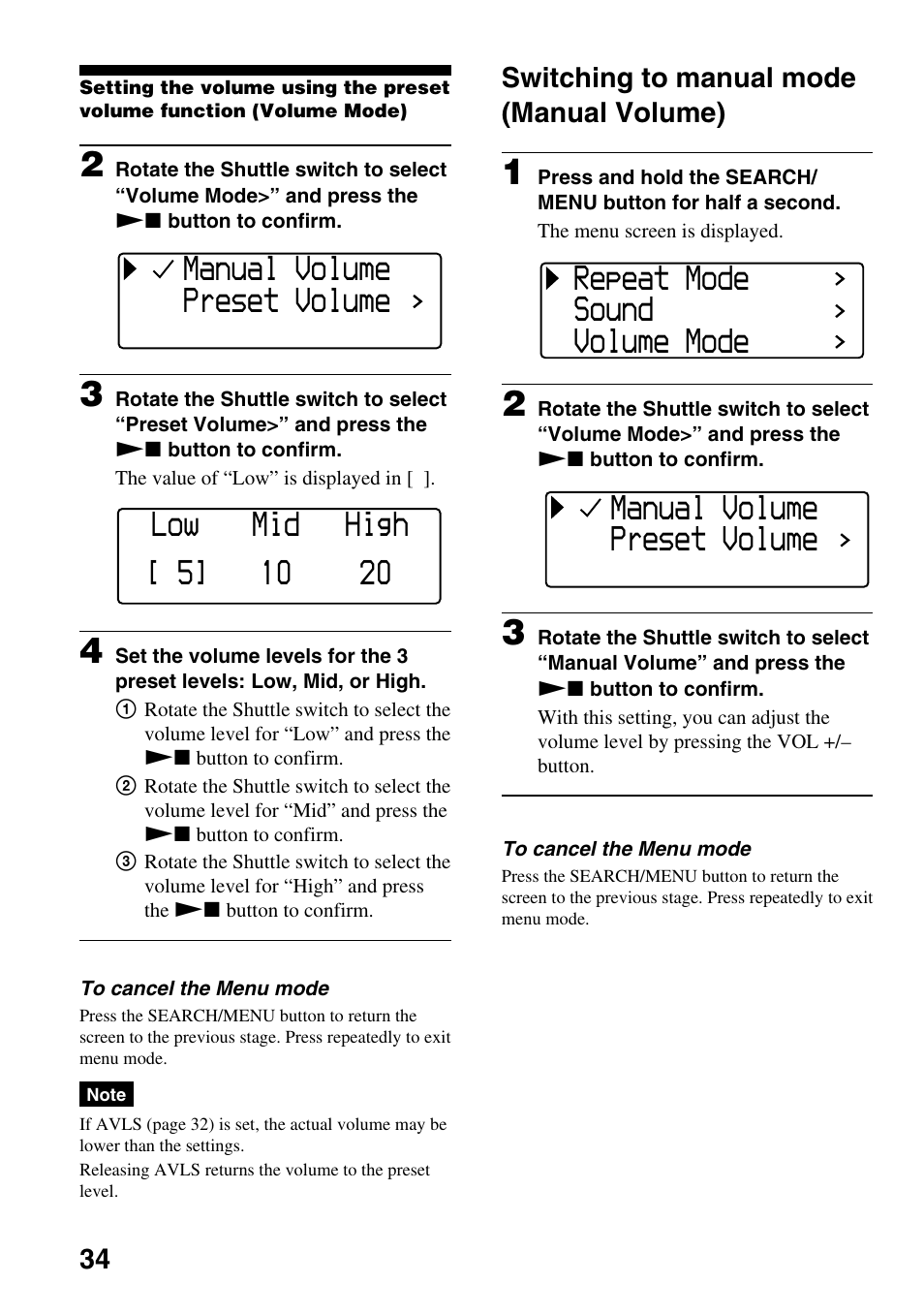 Switching to manual mode (manual volume), Switching to manual mode, Manual volume) | Manual volume preset volume, Repeat mode sound volume mode | Sony NW-E407 User Manual | Page 34 / 55