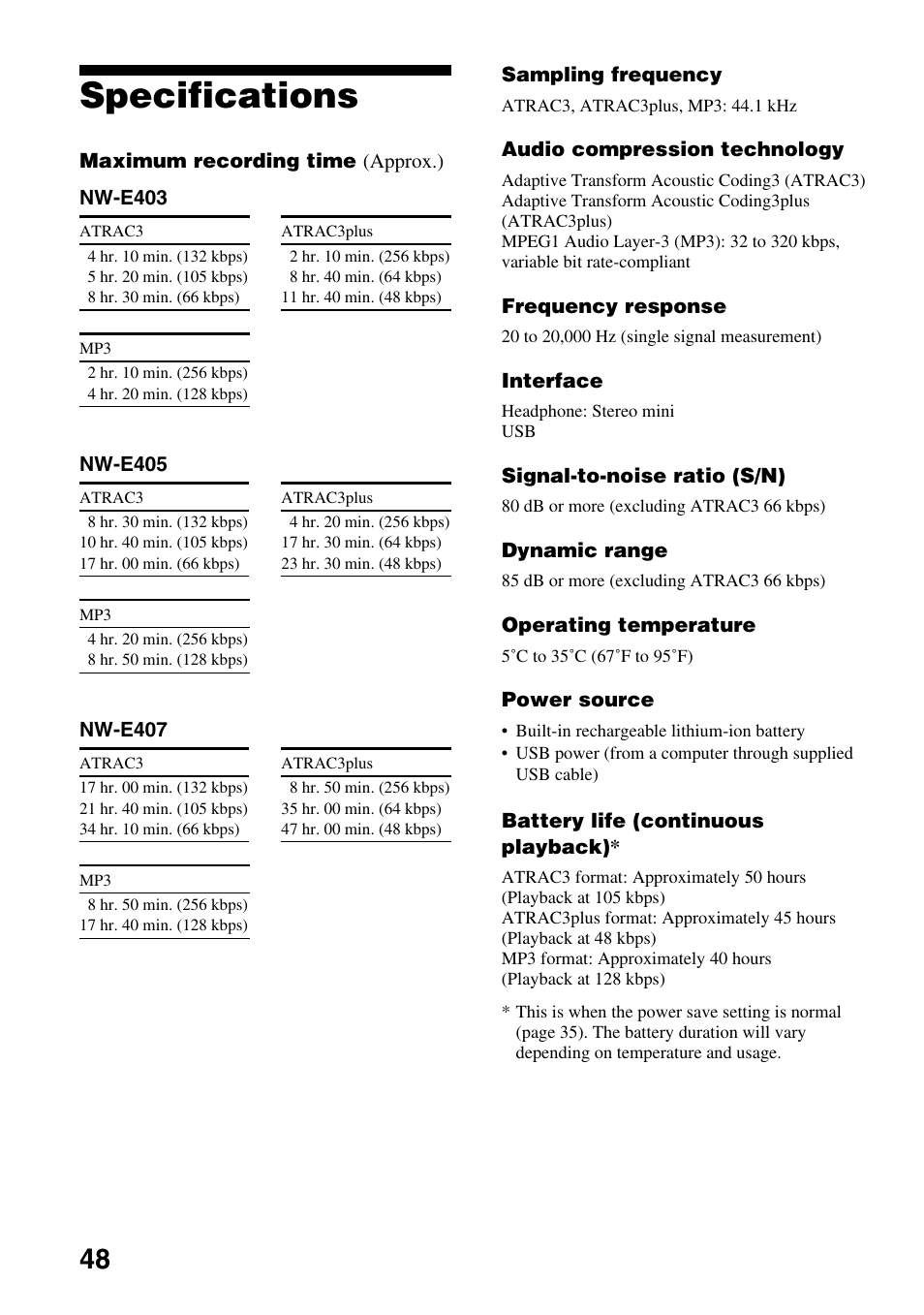 Specifications | Sony NW-E407 User Manual | Page 48 / 55