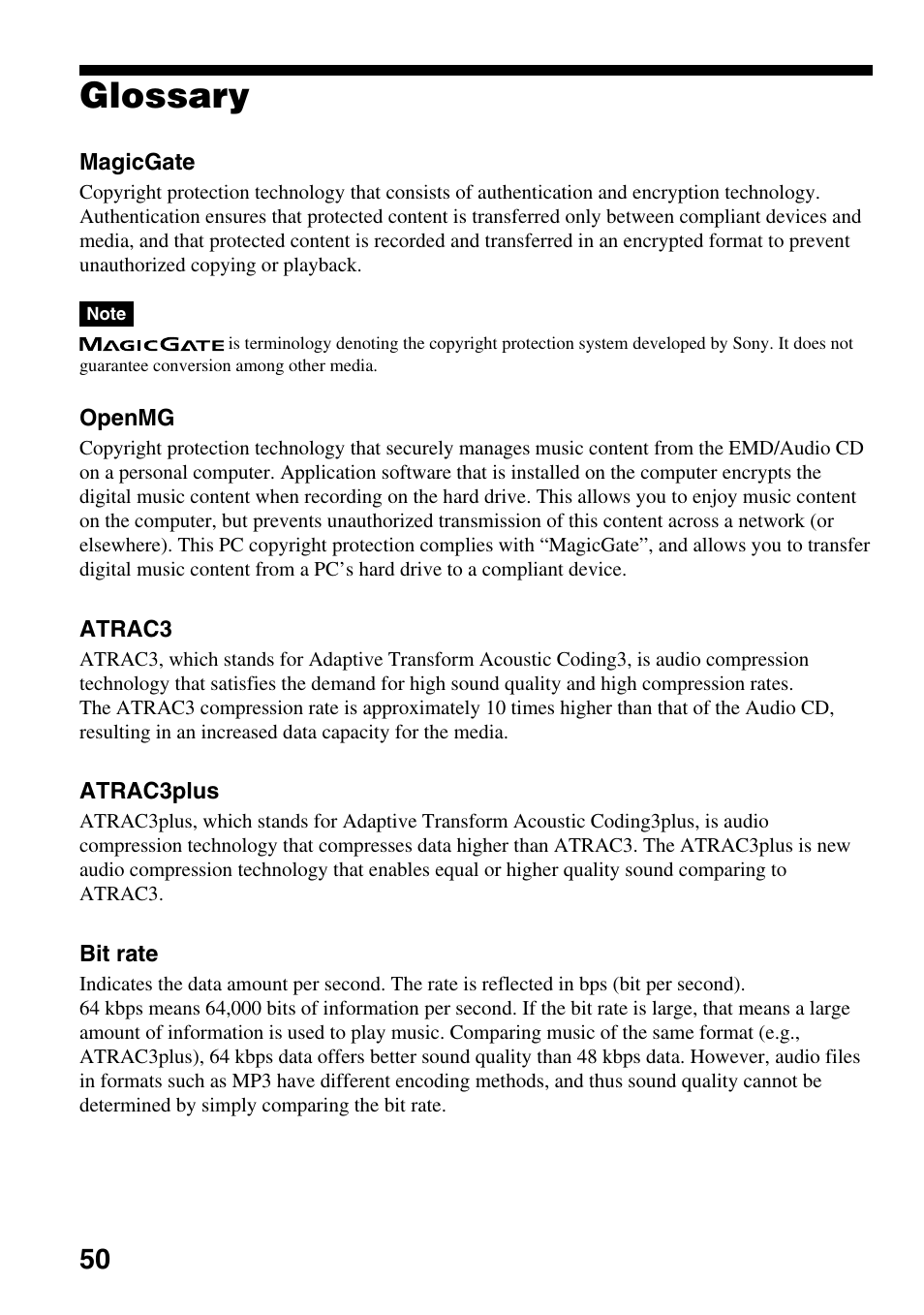 Glossary | Sony NW-E407 User Manual | Page 50 / 55