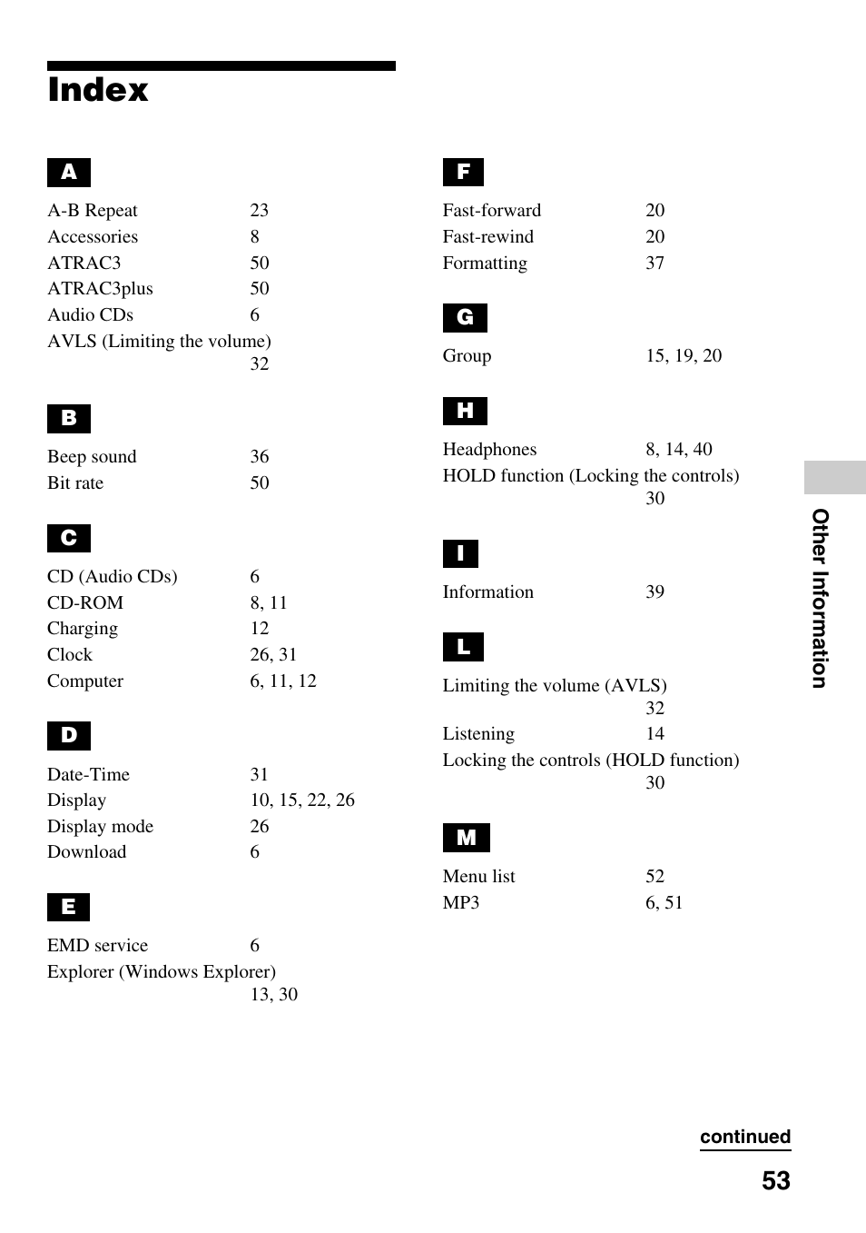 Index | Sony NW-E407 User Manual | Page 53 / 55