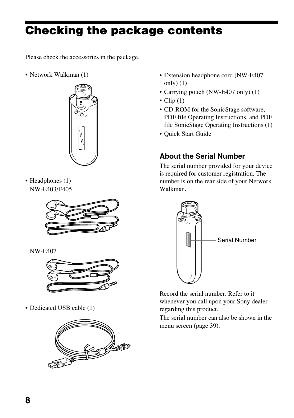 Checking the package contents | Sony NW-E407 User Manual | Page 8 / 55