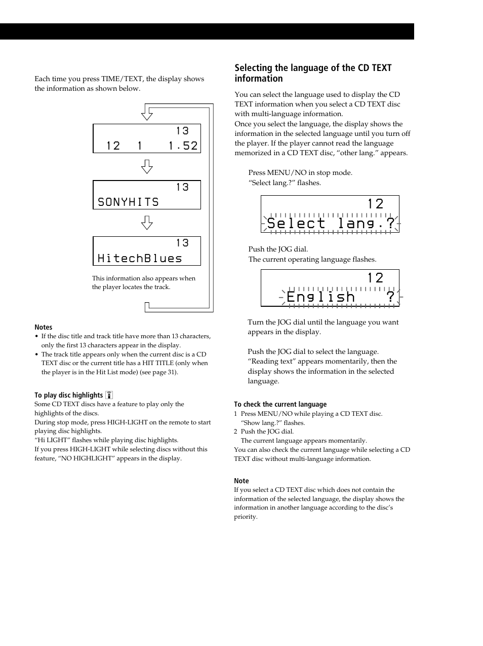 Playing cds getting started playing cds, Selecting the language of the cd text information | Sony CDP-CX355 User Manual | Page 13 / 36