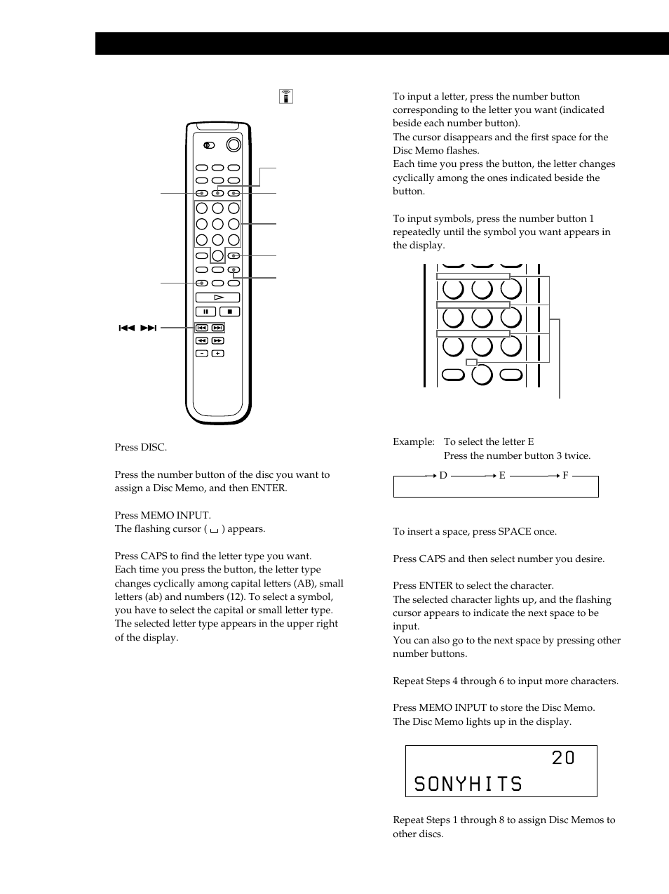 Storing information about cds (custom files), Labeling discs using the remote z 1 | Sony CDP-CX355 User Manual | Page 26 / 36