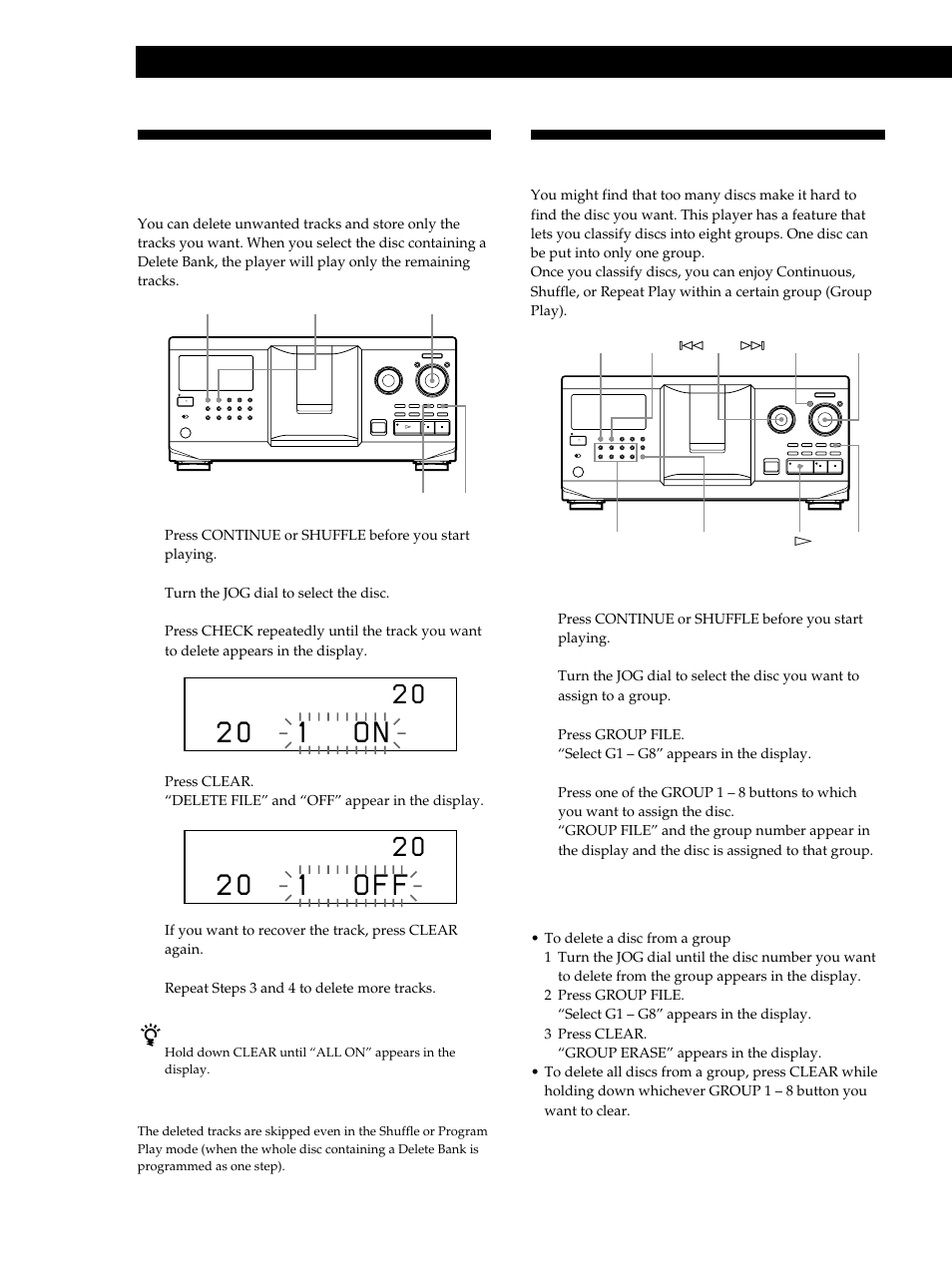 Storing specific tracks (delete bank), Grouping discs (group file), 2 0 1 o n | 2 0 1 o f f, Storing information about cds (custom files), Assigning discs to groups 1, Deleting discs from a group | Sony CDP-CX355 User Manual | Page 28 / 36