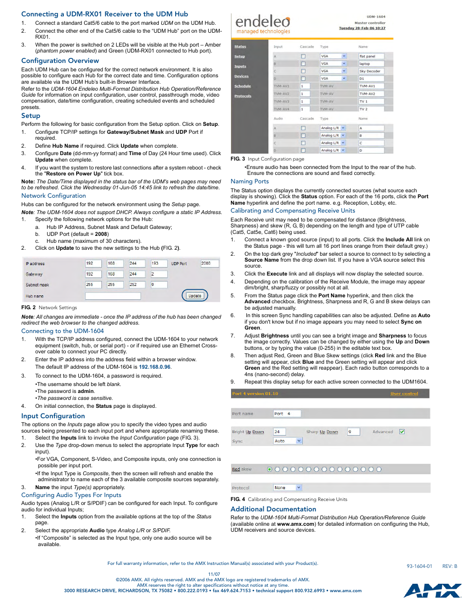 Connecting a udm-rx01 receiver to the udm hub, Configuration overview, Setup | Network configuration, Connecting to the udm-1604, Input configuration, Configuring audio types for inputs, Naming ports, Calibrating and compensating receive units, Additional documentation | AMX UDM-1604 User Manual | Page 2 / 2