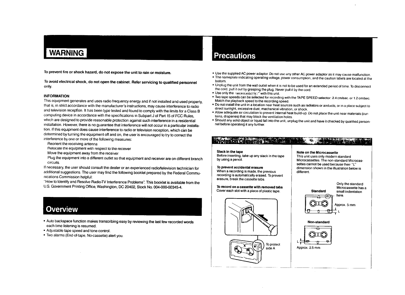 Precautions, Overview, Slack in the tape | To prevent accidental erasure, To record on a cassette with removed tabs | Sony M-2000A User Manual | Page 2 / 4