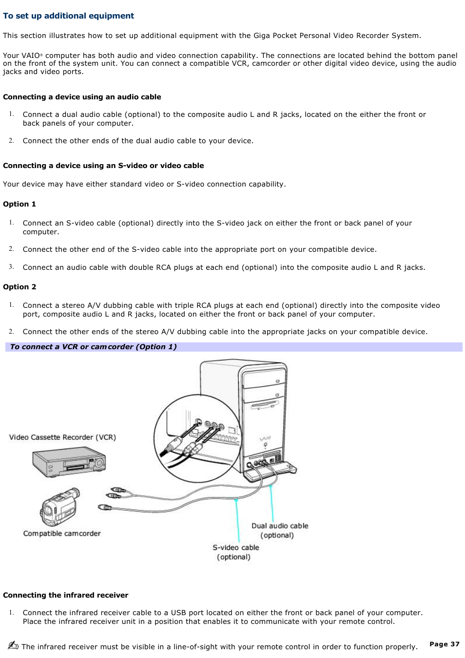 To set up additional equipment | Sony PCV-RS530G User Manual | Page 37 / 143