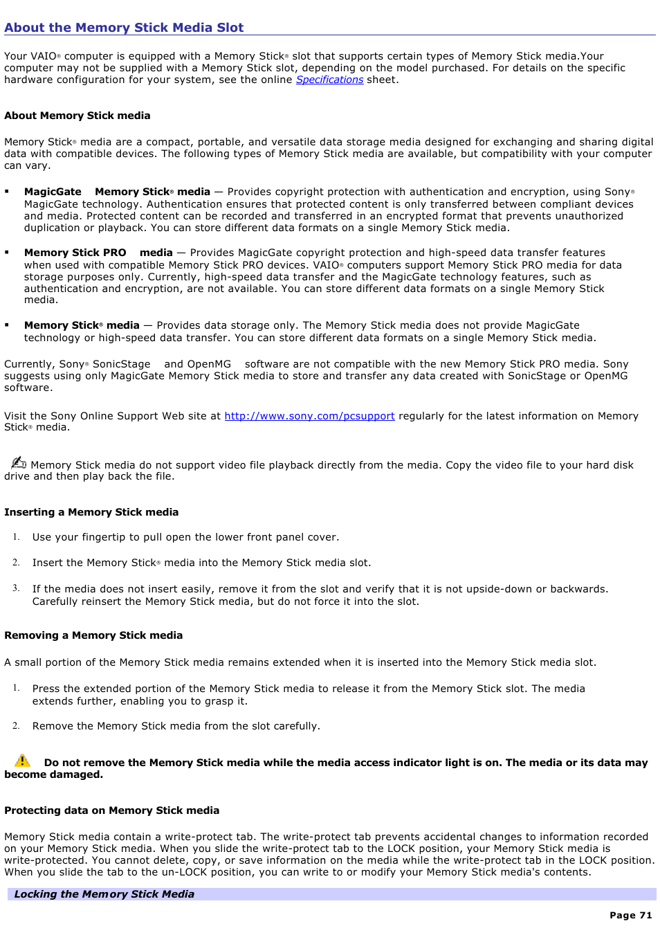 About the memory stick media slot | Sony PCV-RS530G User Manual | Page 71 / 143