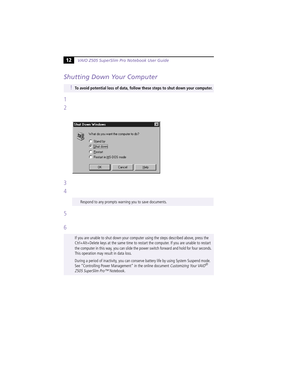 Shutting down your computer | Sony PCG-Z505R User Manual | Page 22 / 97