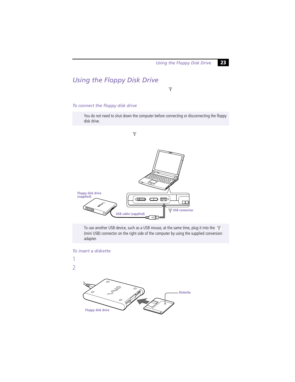 Using the floppy disk drive | Sony PCG-Z505R User Manual | Page 33 / 97