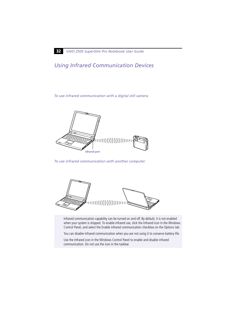 Using infrared communication devices | Sony PCG-Z505R User Manual | Page 42 / 97