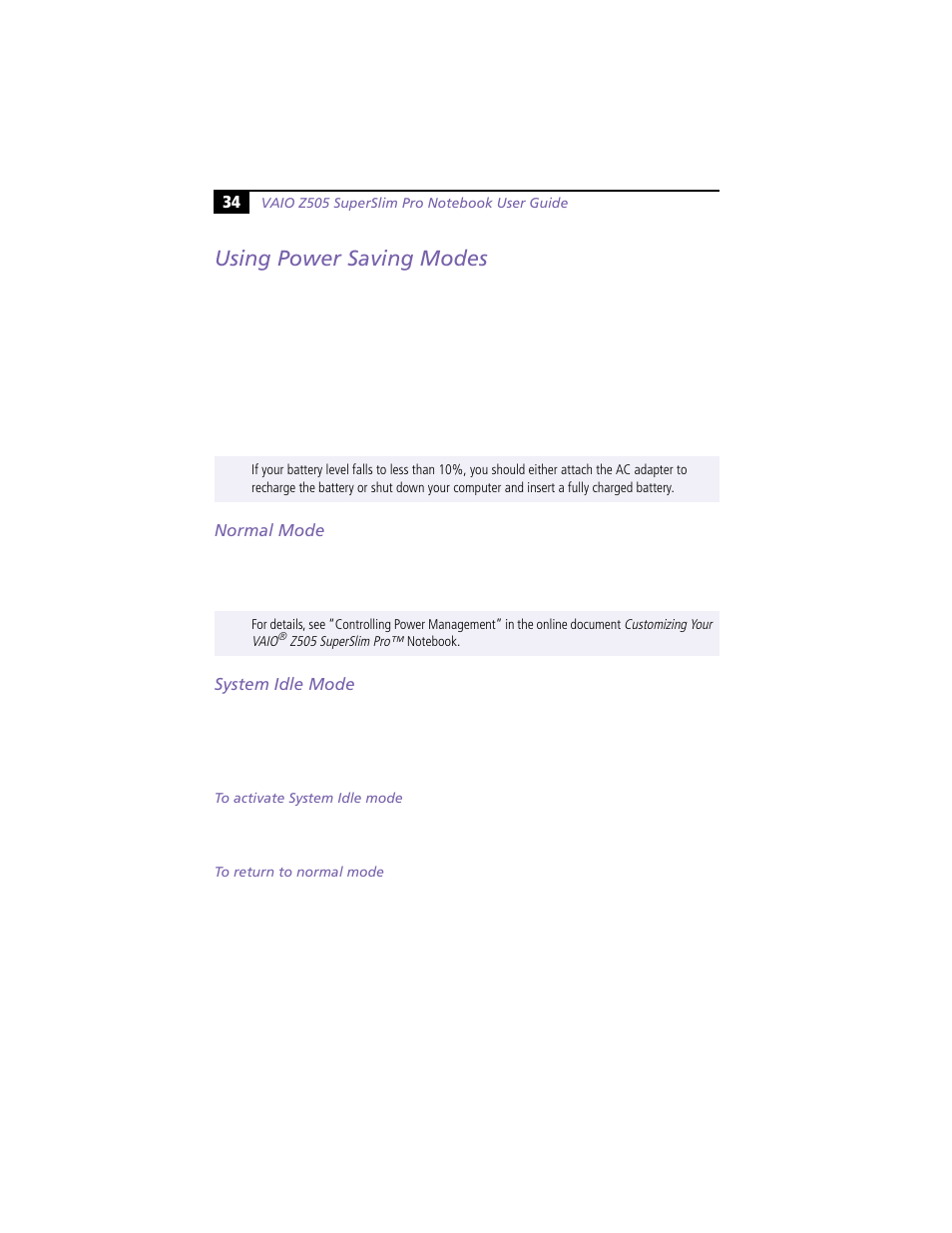 Using power saving modes, Normal mode, System idle mode | Normal mode system idle mode | Sony PCG-Z505R User Manual | Page 44 / 97