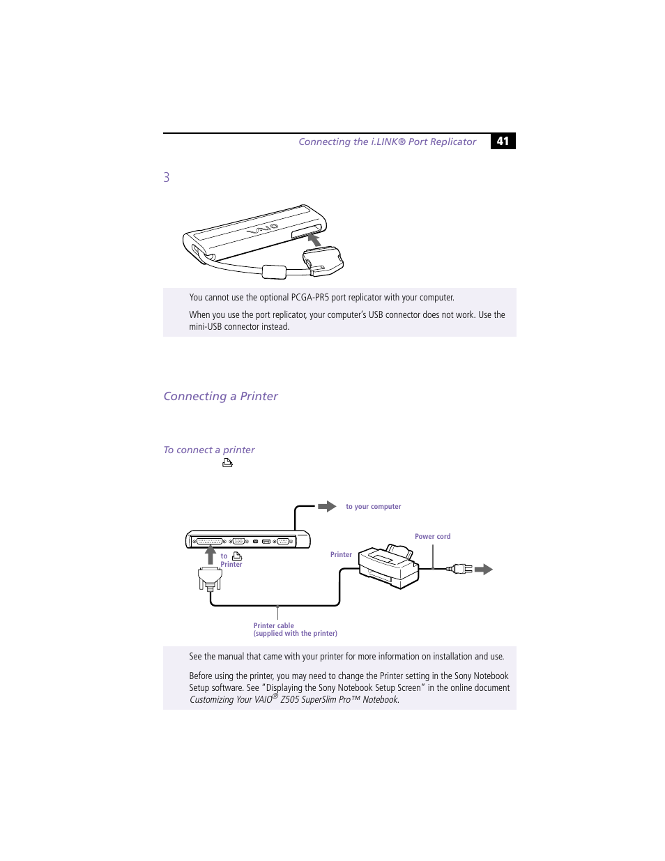 Connecting a printer | Sony PCG-Z505R User Manual | Page 51 / 97