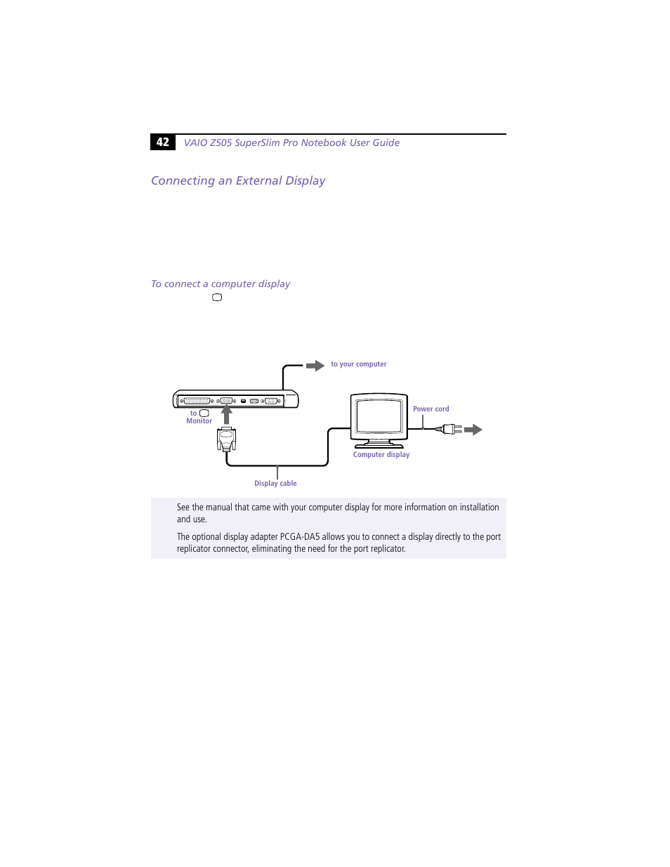 Connecting an external display | Sony PCG-Z505R User Manual | Page 52 / 97