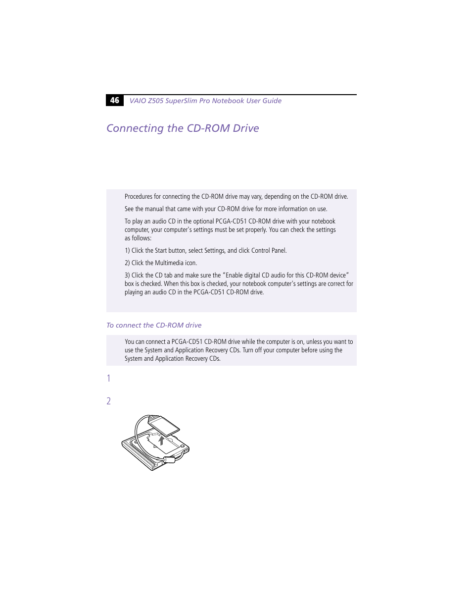 Connecting the cd-rom drive | Sony PCG-Z505R User Manual | Page 56 / 97