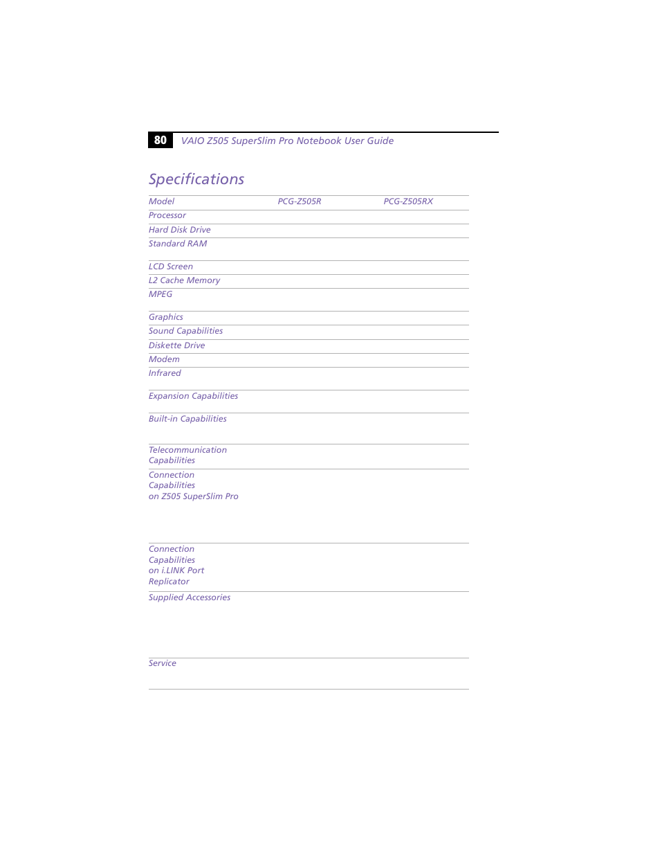 Specifications | Sony PCG-Z505R User Manual | Page 90 / 97