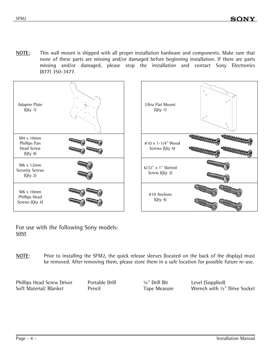 Parts list, Installation tools, For use with the following sony models | Sony SFM2 User Manual | Page 4 / 12
