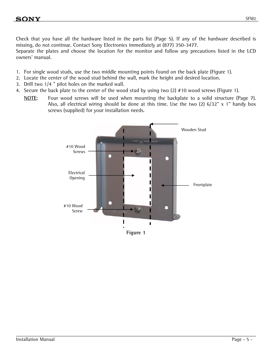 Installation procedures, Single stud installation | Sony SFM2 User Manual | Page 5 / 12