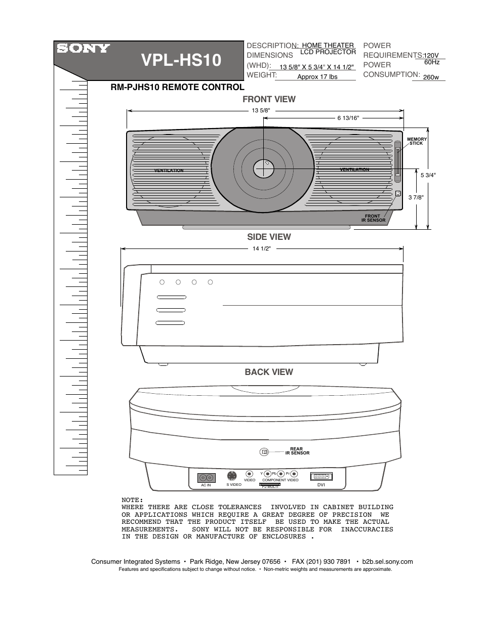 Sony VPL-HS10 User Manual | 1 page