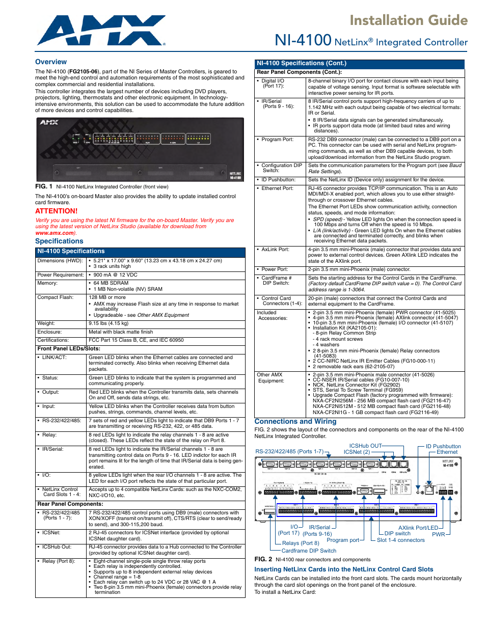 AMX NetLinx Integrated Controller NI-4100 User Manual | 2 pages