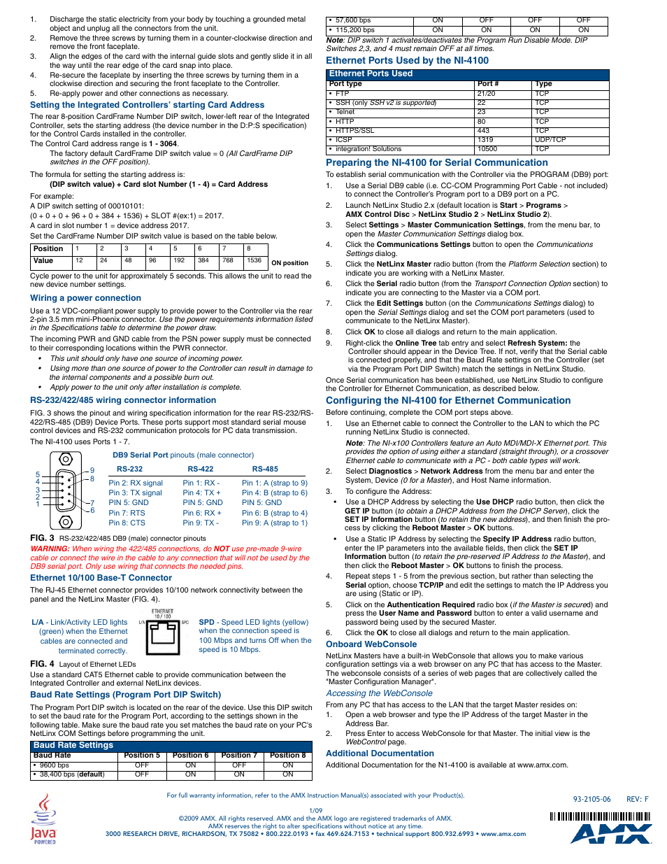 Wiring a power connection, Rs-232/422/485 wiring connector information, Ethernet 10/100 base-t connector | Baud rate settings (program port dip switch), Ethernet ports used by the ni-4100, Preparing the ni-4100 for serial communication, Configuring the ni-4100 for ethernet communication, Onboard webconsole, Accessing the webconsole, Additional documentation | AMX NetLinx Integrated Controller NI-4100 User Manual | Page 2 / 2