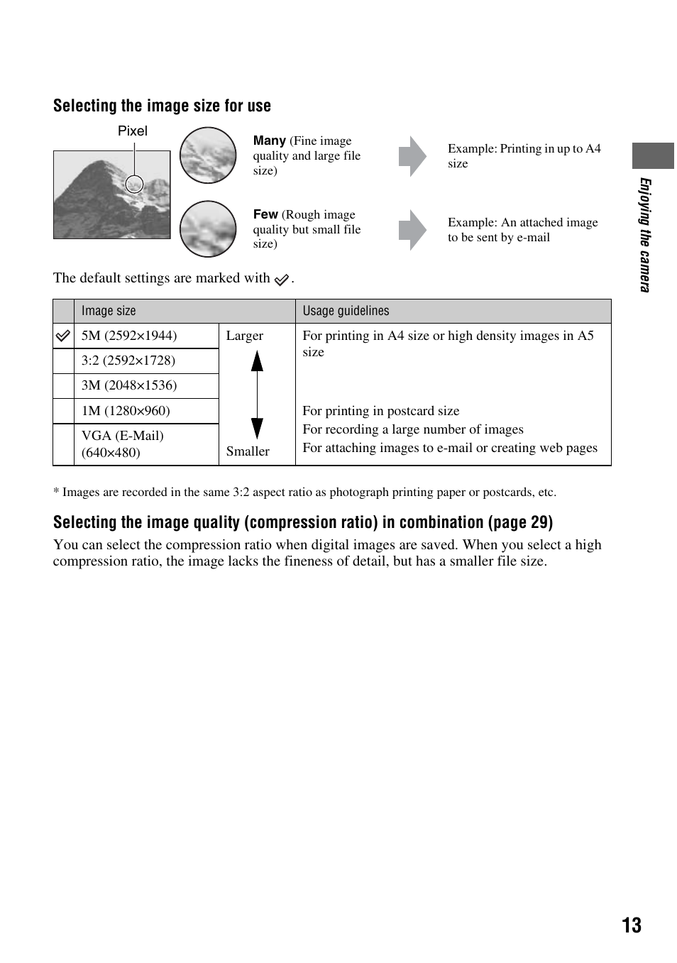 Selecting the image size for use | Sony DSC-S45 User Manual | Page 13 / 91