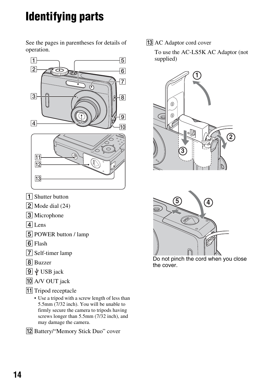 Identifying parts | Sony DSC-S45 User Manual | Page 14 / 91