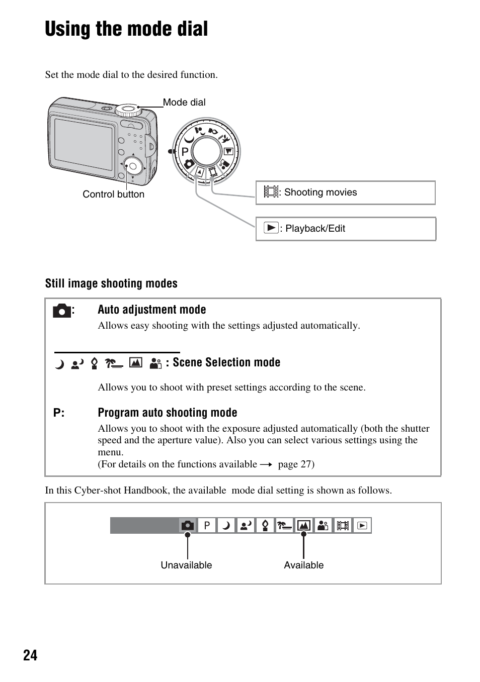 Using the mode dial | Sony DSC-S45 User Manual | Page 24 / 91