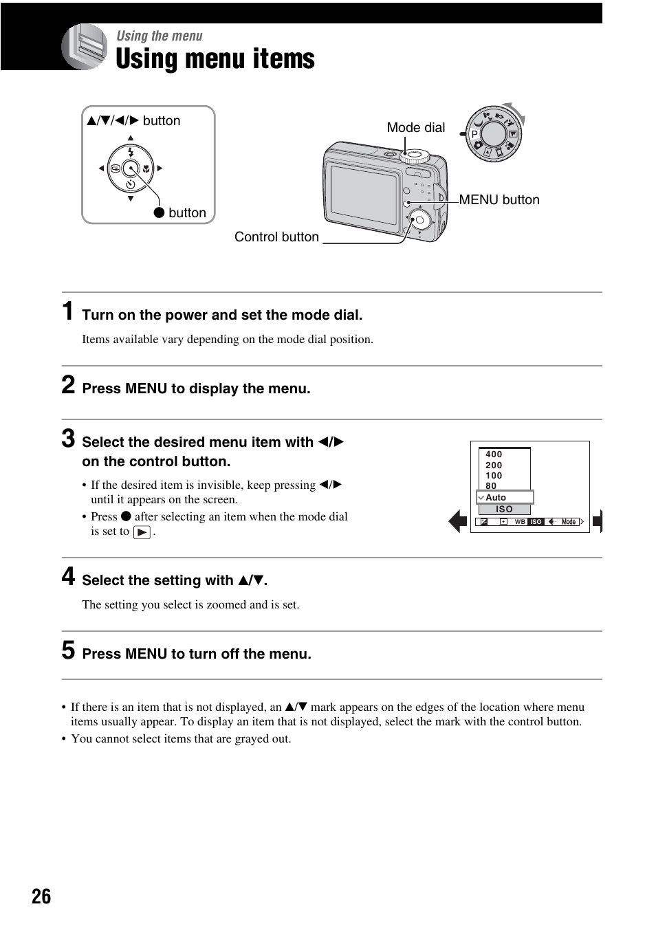 Using menu items | Sony DSC-S45 User Manual | Page 26 / 91
