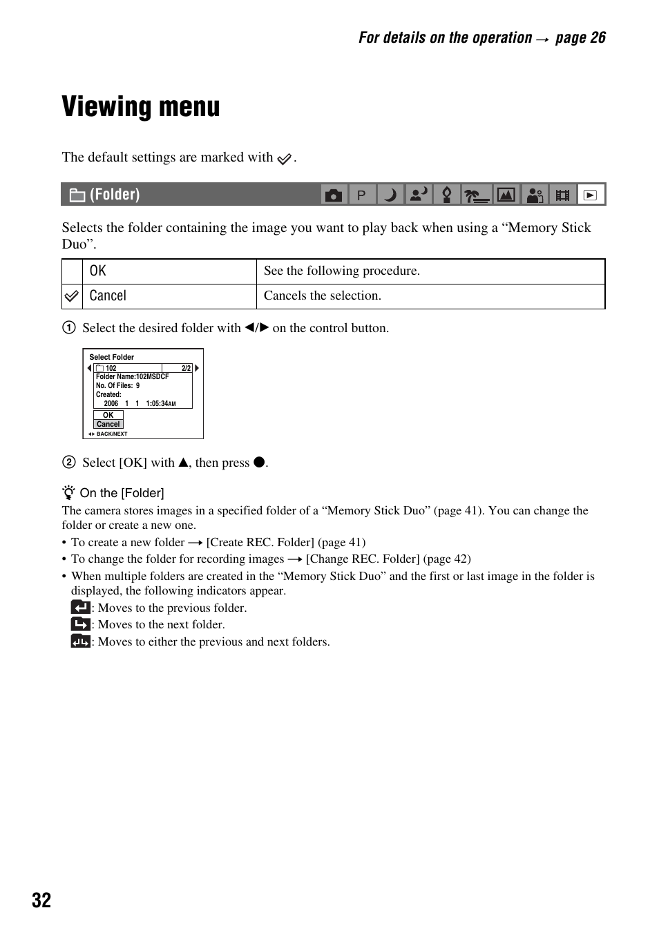 Viewing menu, For details on the operation, Page 26 | Folder) | Sony DSC-S45 User Manual | Page 32 / 91