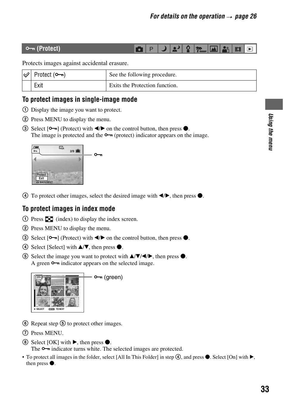 For details on the operation, Page 26, Protect) | Sony DSC-S45 User Manual | Page 33 / 91