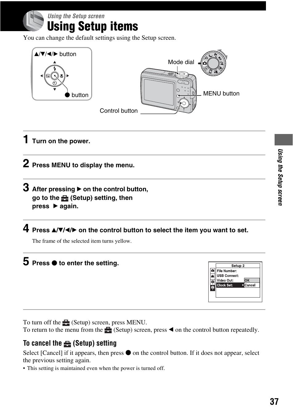 Using setup items | Sony DSC-S45 User Manual | Page 37 / 91