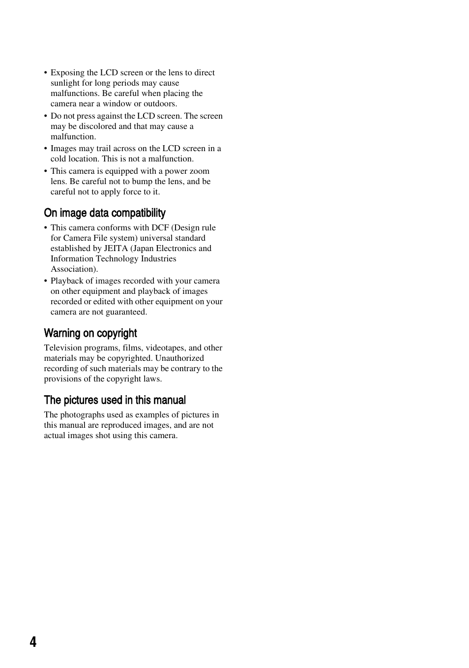 On image data compatibility, Warning on copyright, The pictures used in this manual | Sony DSC-S45 User Manual | Page 4 / 91