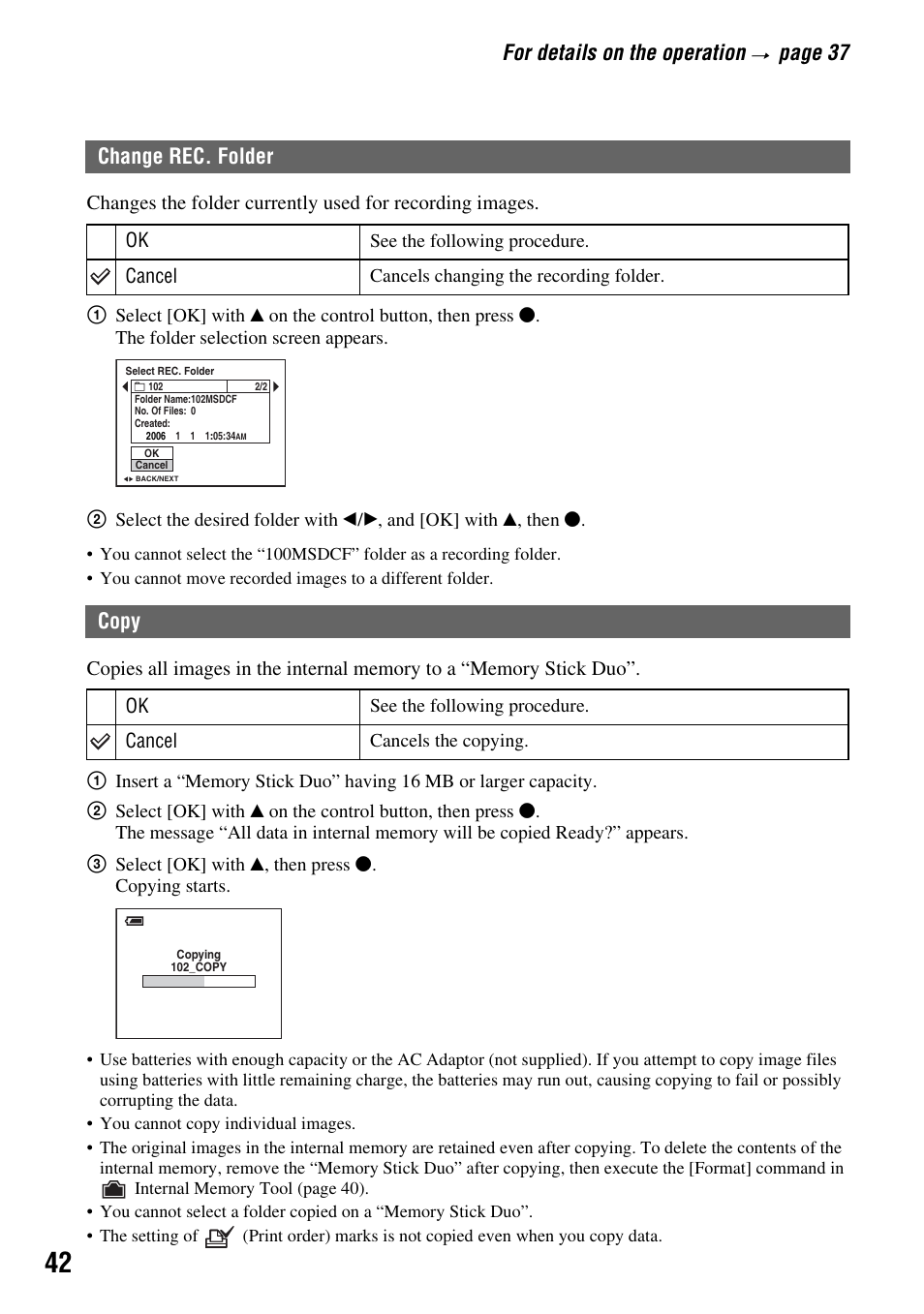 For details on the operation, Page 37, Change rec. folder | Copy | Sony DSC-S45 User Manual | Page 42 / 91