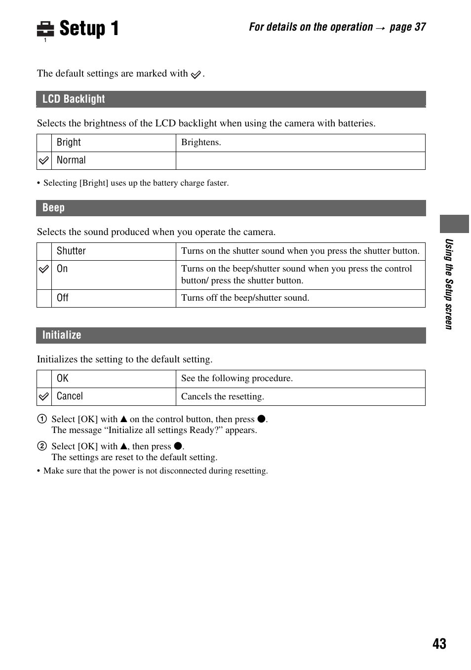 Setup 1 | Sony DSC-S45 User Manual | Page 43 / 91