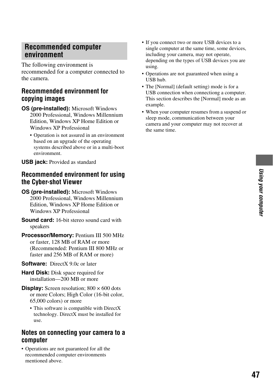 Recommended computer environment, Recommended environment for copying images | Sony DSC-S45 User Manual | Page 47 / 91
