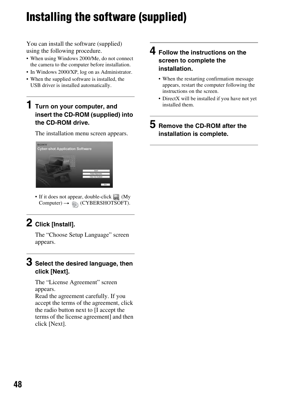 Installing the software (supplied) | Sony DSC-S45 User Manual | Page 48 / 91