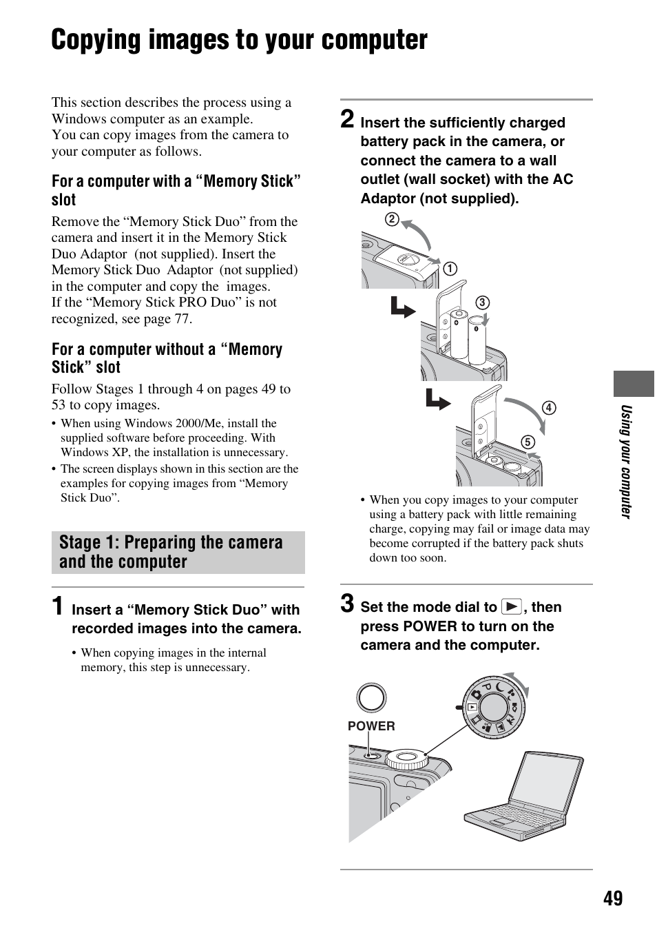 Copying images to your computer, Stage 1: preparing the camera and the computer | Sony DSC-S45 User Manual | Page 49 / 91