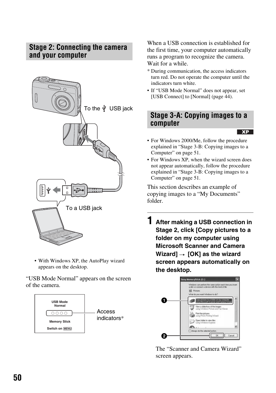 Stage 2: connecting the camera and your computer, Stage 3-a: copying images to a computer | Sony DSC-S45 User Manual | Page 50 / 91