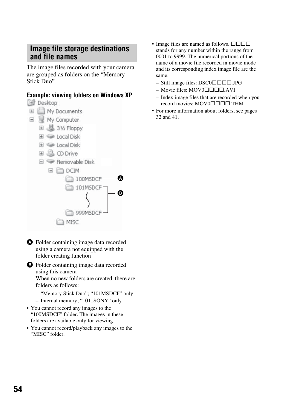 Image file storage destinations and file names | Sony DSC-S45 User Manual | Page 54 / 91