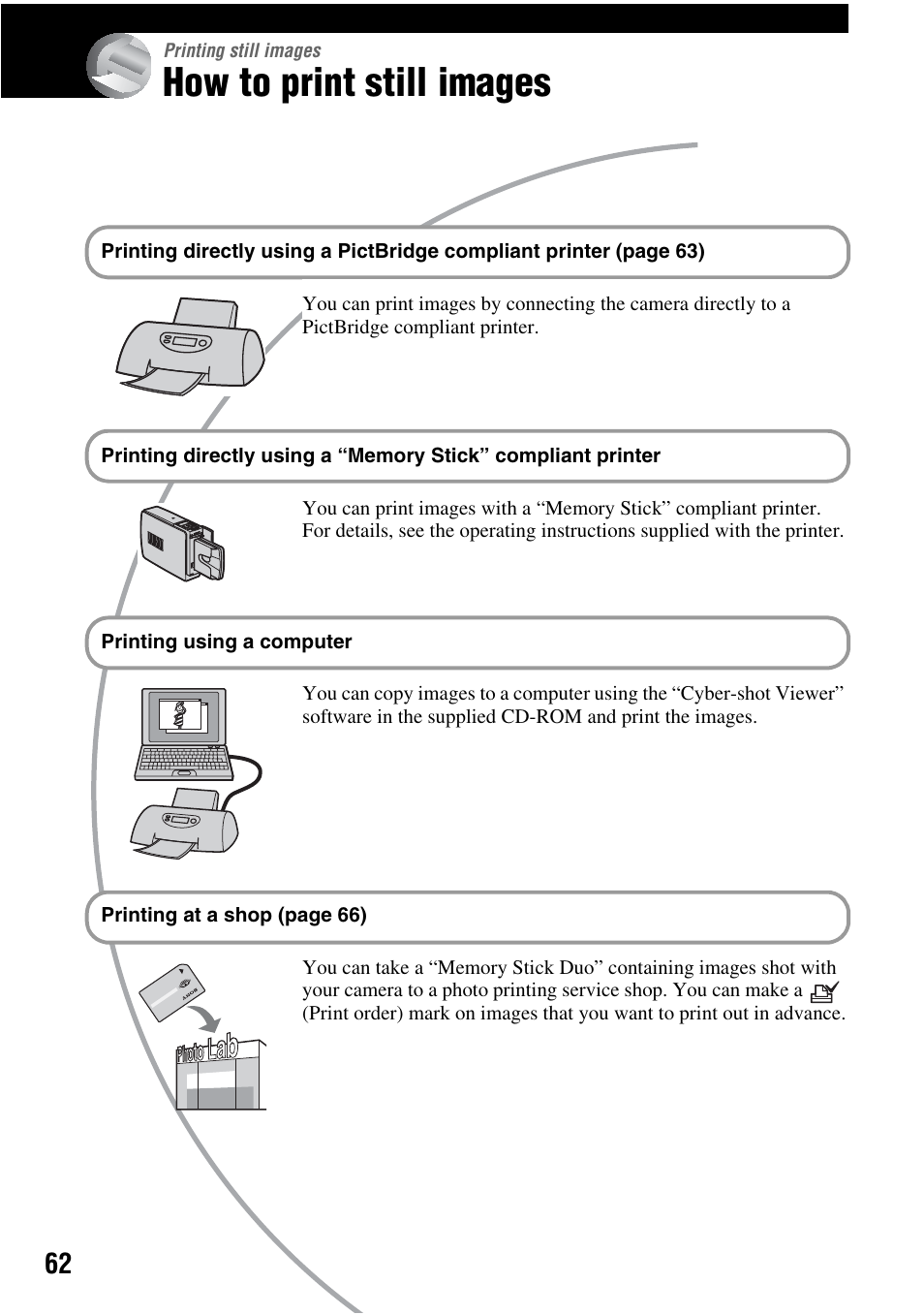 How to print still images | Sony DSC-S45 User Manual | Page 62 / 91