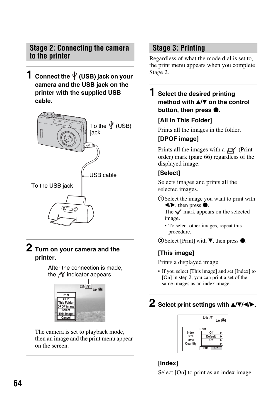 Stage 2: connecting the camera to the printer, Stage 3: printing | Sony DSC-S45 User Manual | Page 64 / 91