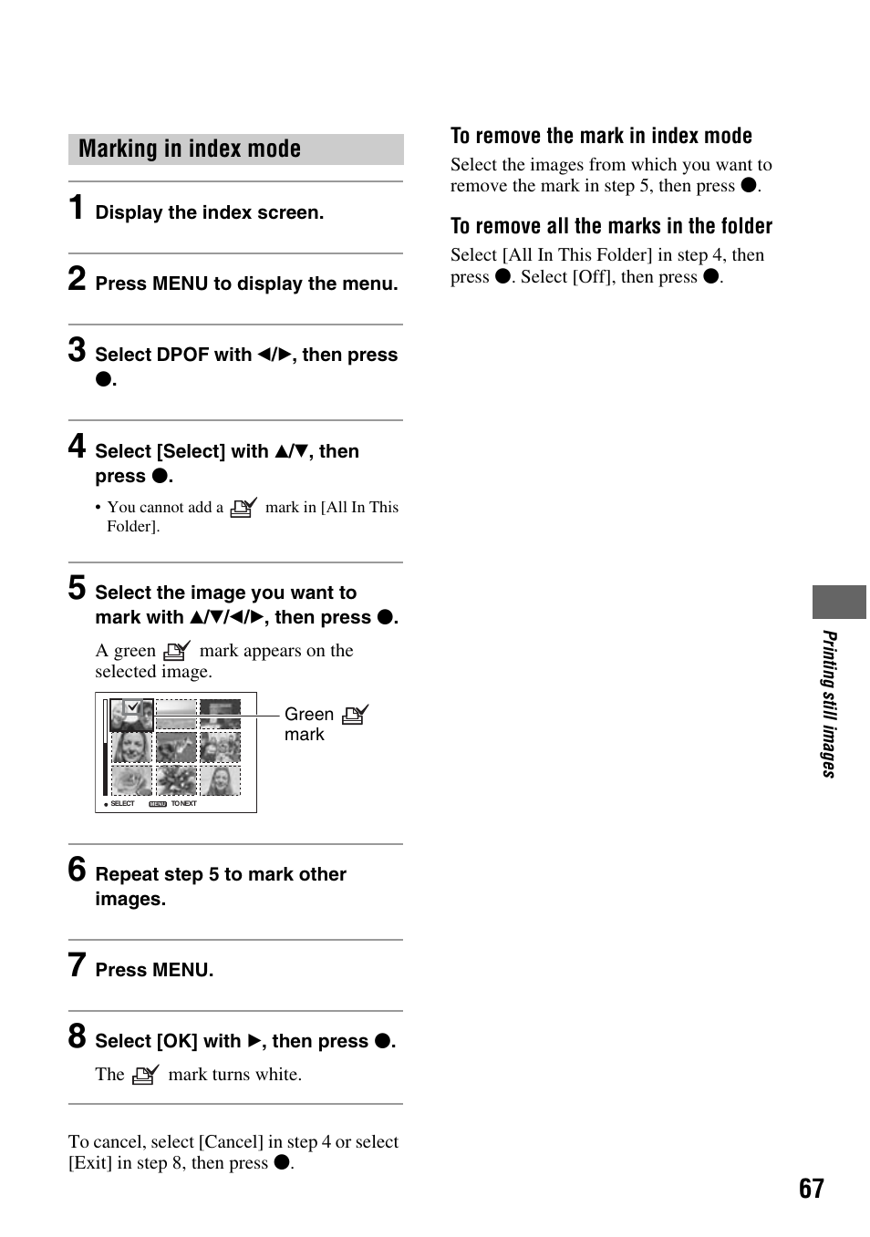 Marking in index mode | Sony DSC-S45 User Manual | Page 67 / 91