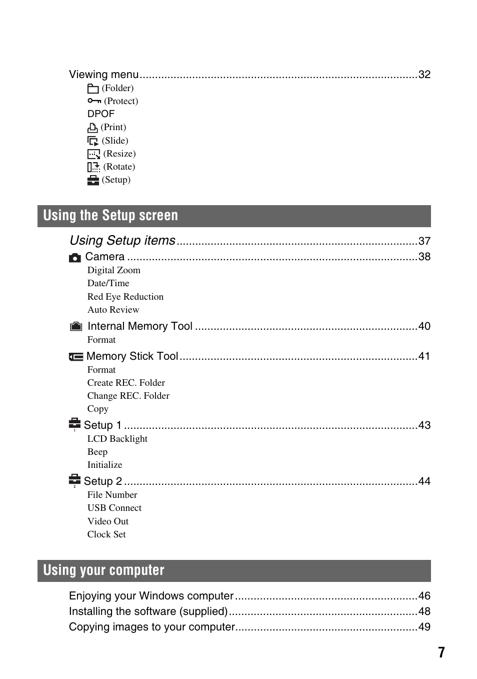 Using the setup screen using your computer, Using setup items | Sony DSC-S45 User Manual | Page 7 / 91